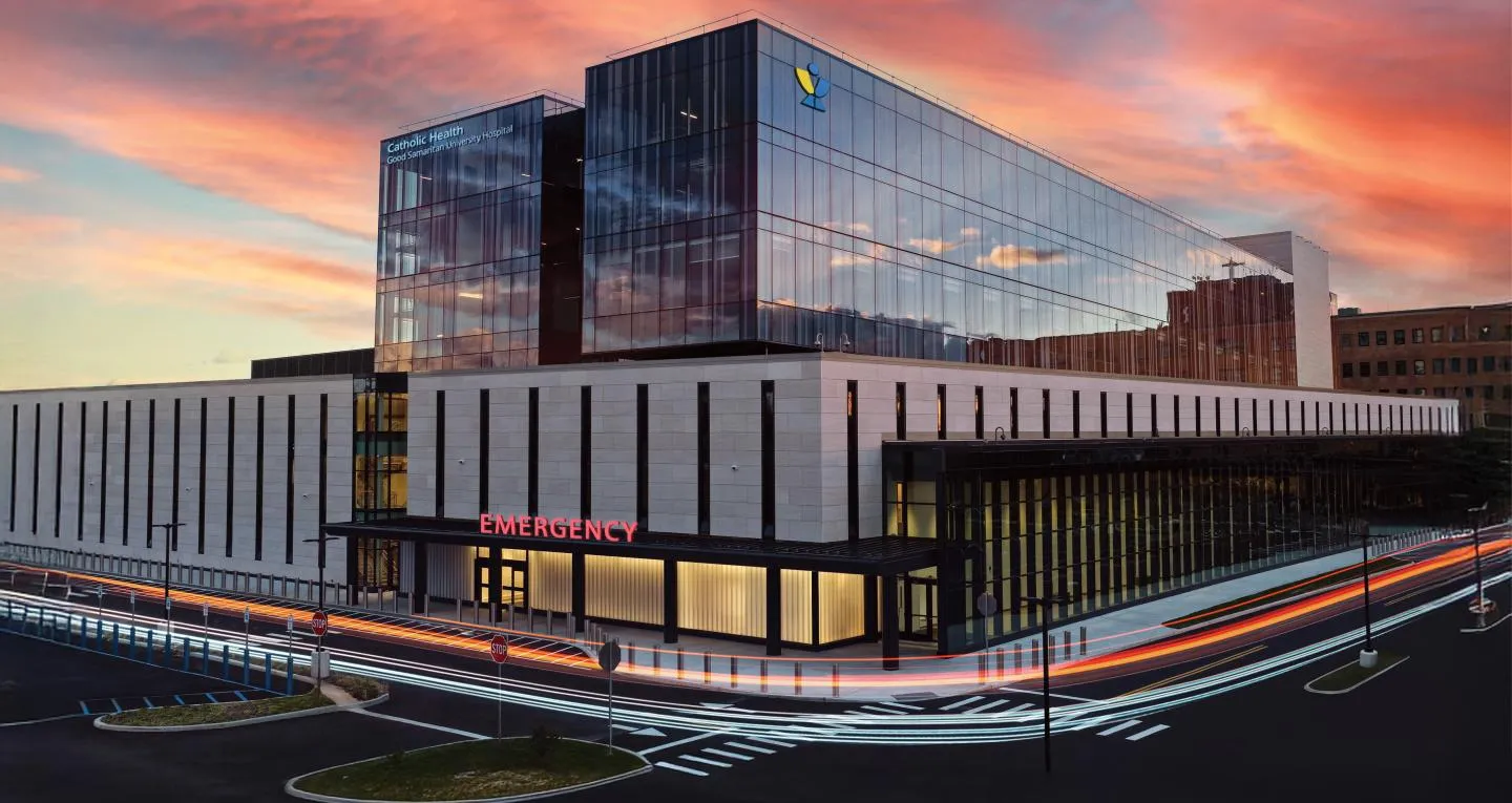 Good Samaritan University Hospital emergency entrance at dusk, West Islip